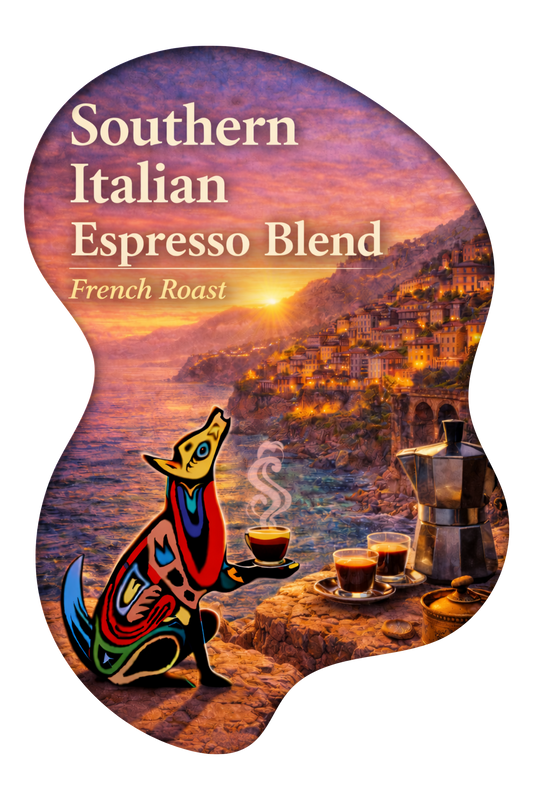 Southern Italian Espresso Blend coffee beans – Southern Italian landscape inspired artwork
